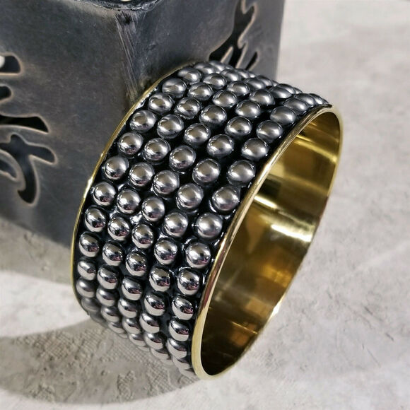 India Brass Bangle Bracelet Mid Century Style Silver Black Geometric Dot Accents - Picture 4 of 6